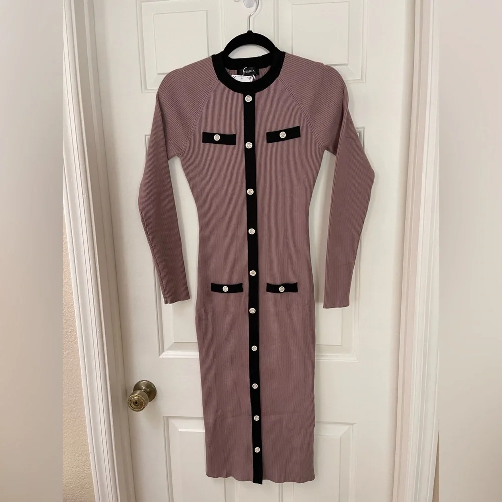 NWT RIB KNIT MIDI DRESS-KHAKI/BLACK-S - Picture 12 of 17